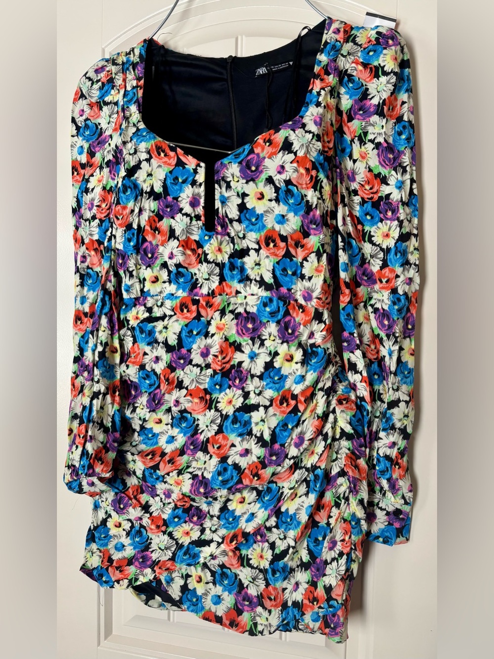 Zara Floral Ruched Mini Dress  Sweetheart Neck Line Multicolor Long Sleeve XS
